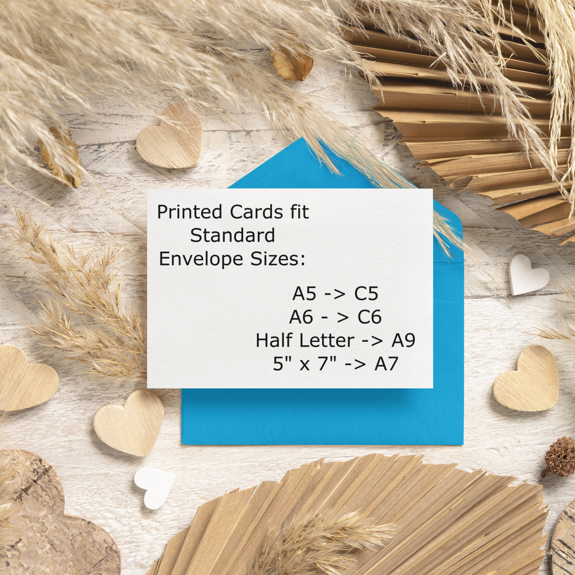 1--Standard Envelope Sizes Printable greeting card on standard envelope – shows that printed cards fit C5, C6, A9, and A7 envelope sizes