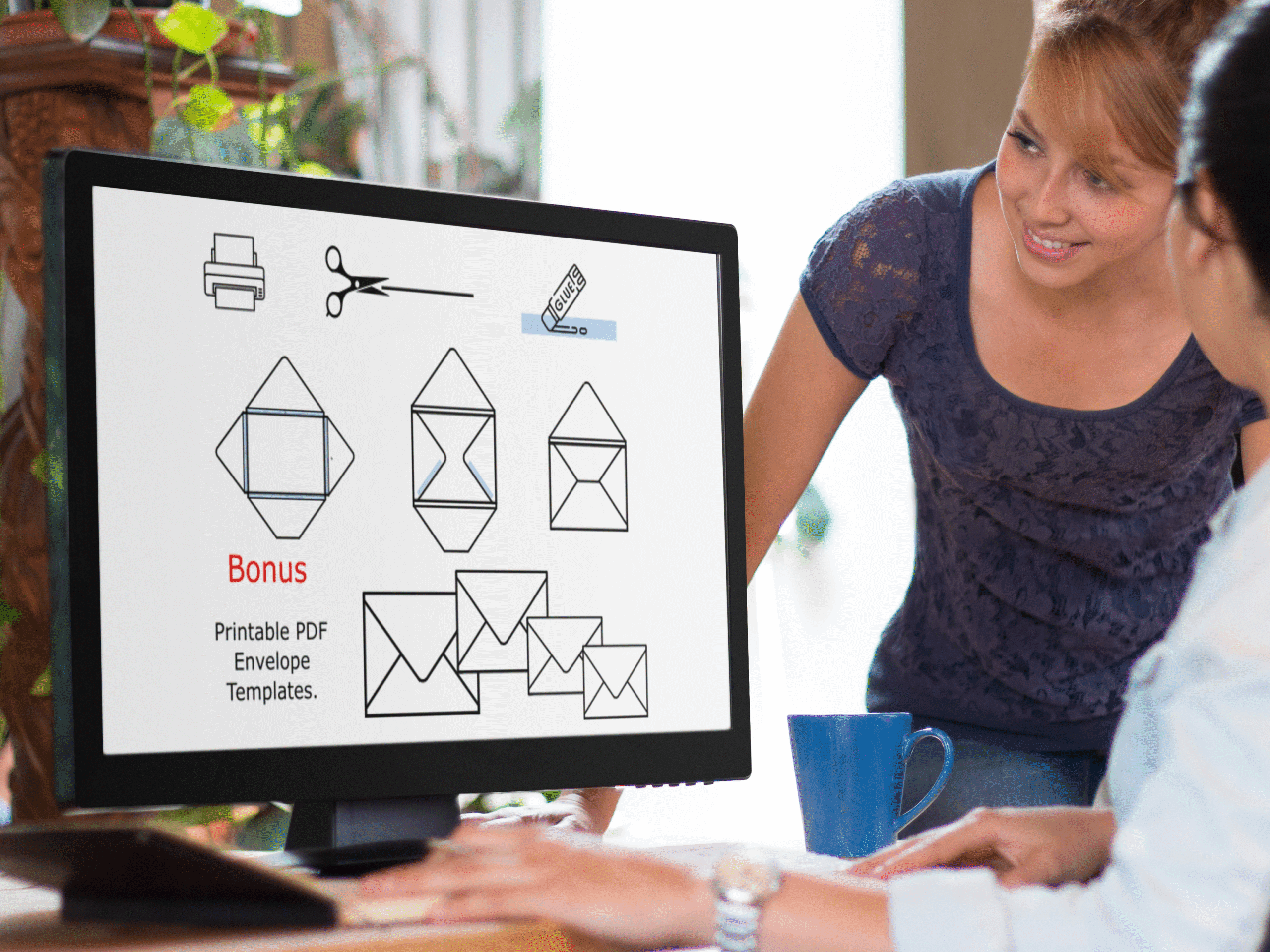 2--Bonus Envelope Templates Instructions on how to print and assemble greeting card using envelope templates – step-by-step guide shown on computer screen