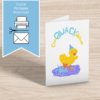 Printable greeting card featuring a hand-drawn duckling wearing a party hat with the word “Conquackulations.” A funny, cheerful congratulatory card by Jodi Gray, perfect for any happy occasion.