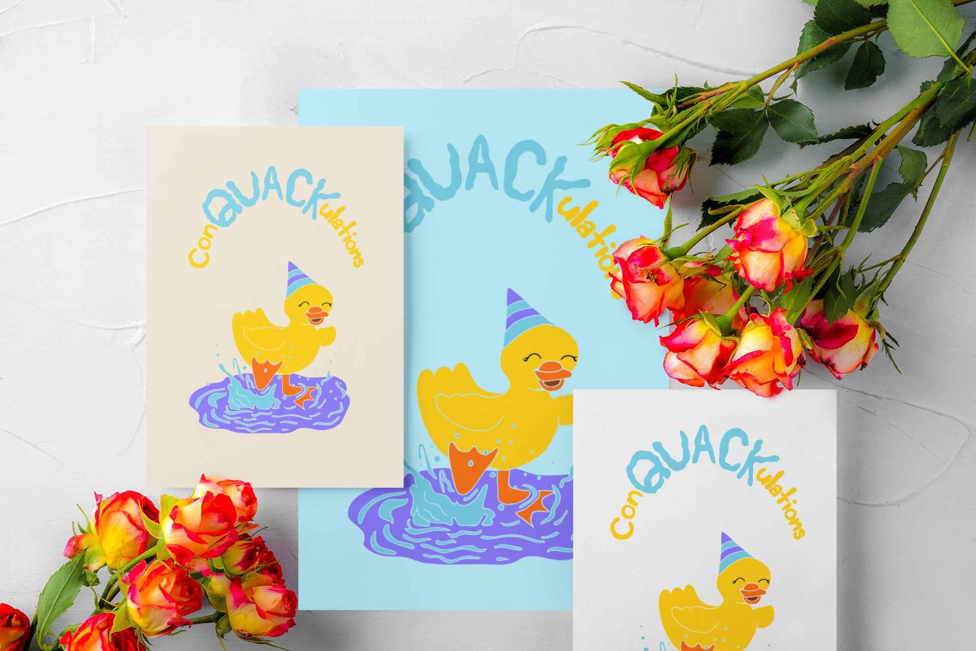 Preview image showing the “Conquackulations” printable card in four formats — A5, A6, Half Letter, and 5x7 — ready to print at home or at a print shop.