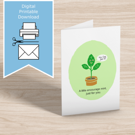 Cute hand drawn mint plant greeting card, pun ‘A Little Encourage Mint Just For You