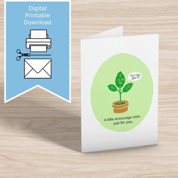 Cute hand drawn mint plant greeting card, pun ‘A Little Encourage Mint Just For You