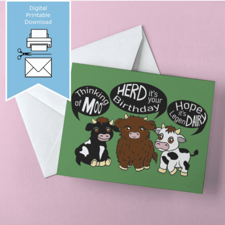 Herd It's Your Birthday – hand-drawn fluffy baby cows – printable birthday greeting card – A4, A5, A6, US Letter, 5x7 – print at home