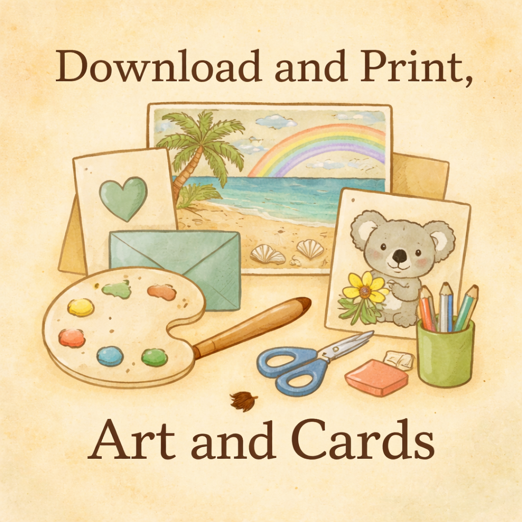 Download and Print greeting cards category tile featuring cute cards and an envelope.