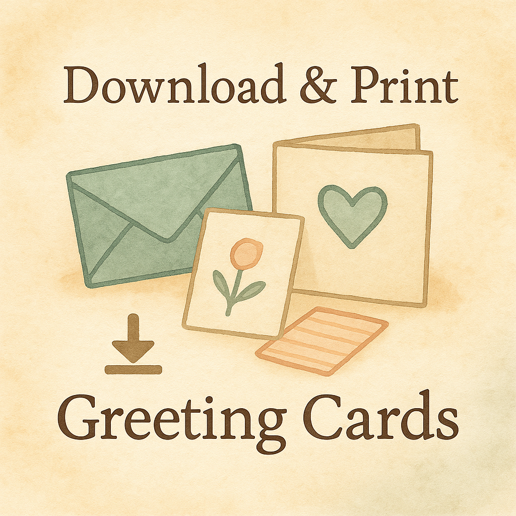 Download and Print greeting cards category tile featuring cute cards and an envelope.