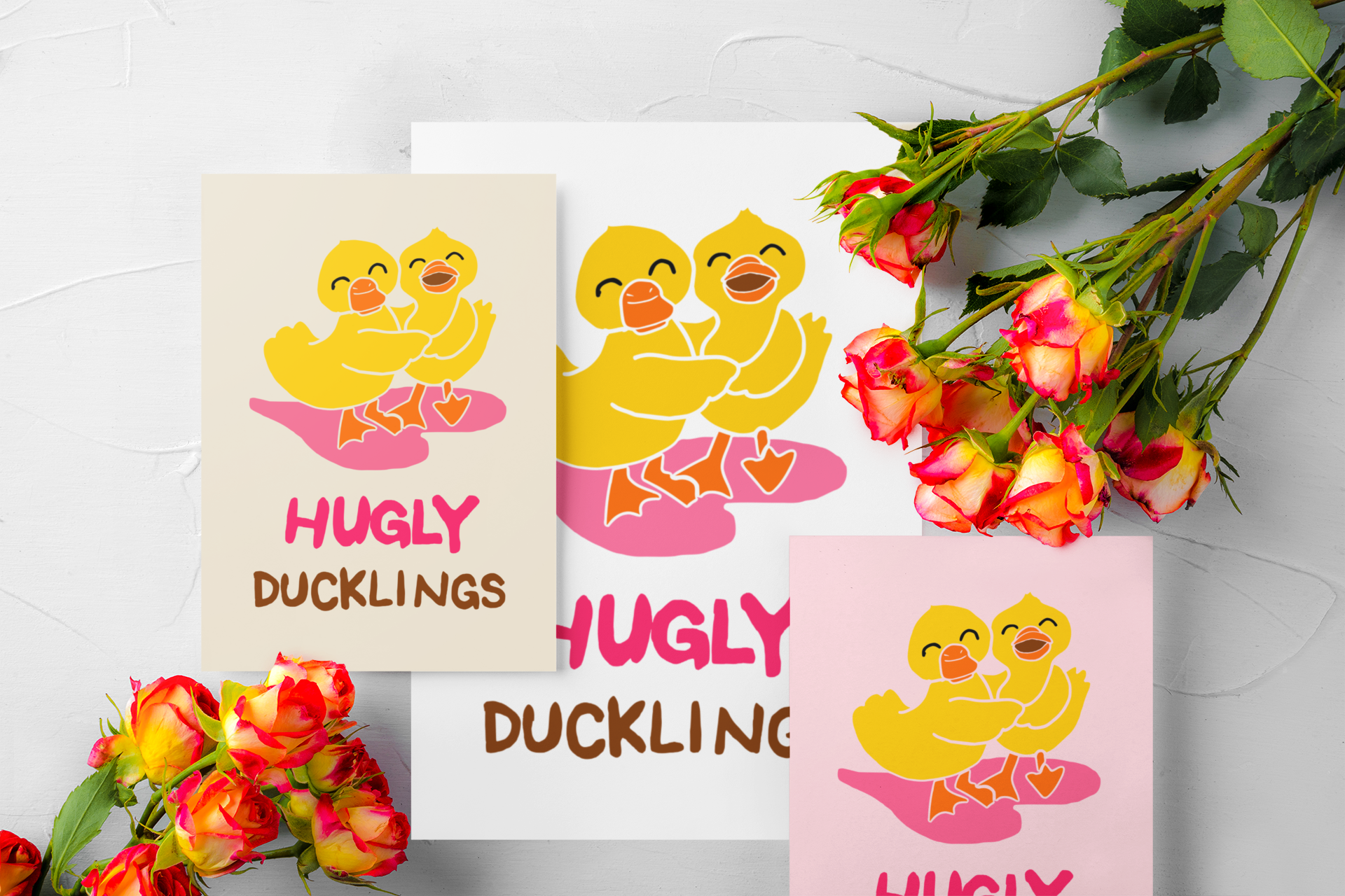 Hugly Ducklings Mockup 2 Printable greeting card shown in A5, A6, Half Letter, and 5x7 sizes for easy home printing.