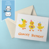 Quacky Birthday Digital Mockup 1 Quacky Birthday printable greeting card featuring hand drawn ducklings wearing party hats, holding cake and confetti, ready to print in A4, A5, A6, Letter, 5x7 sizes.