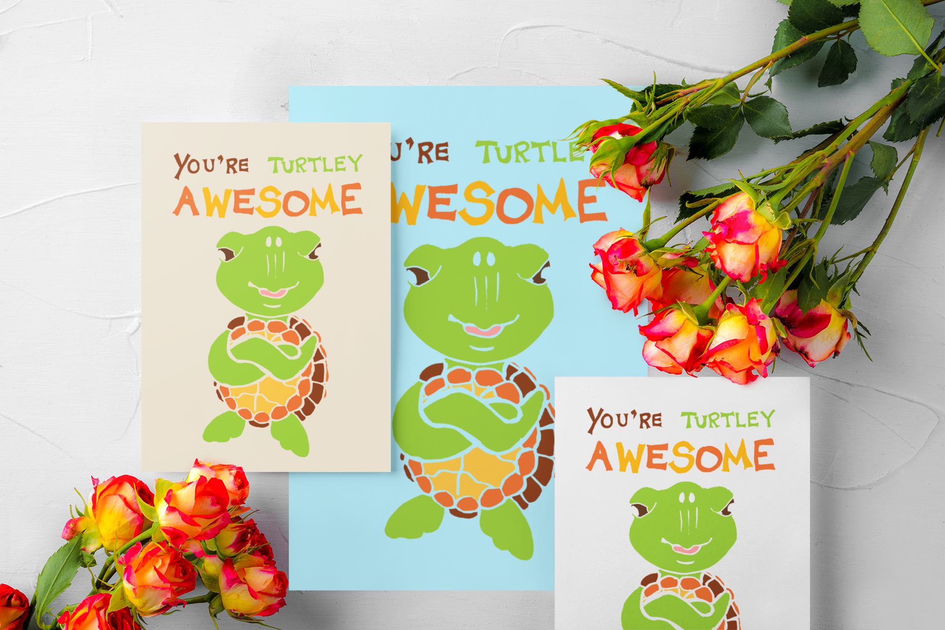 You're Turtley Awesome Mockup 2 Preview image showing the “You’re Turtly Awesome” printable card available in multiple sizes — A5, A6, Half Letter, and 5x7 — for easy at-home or print shop use.