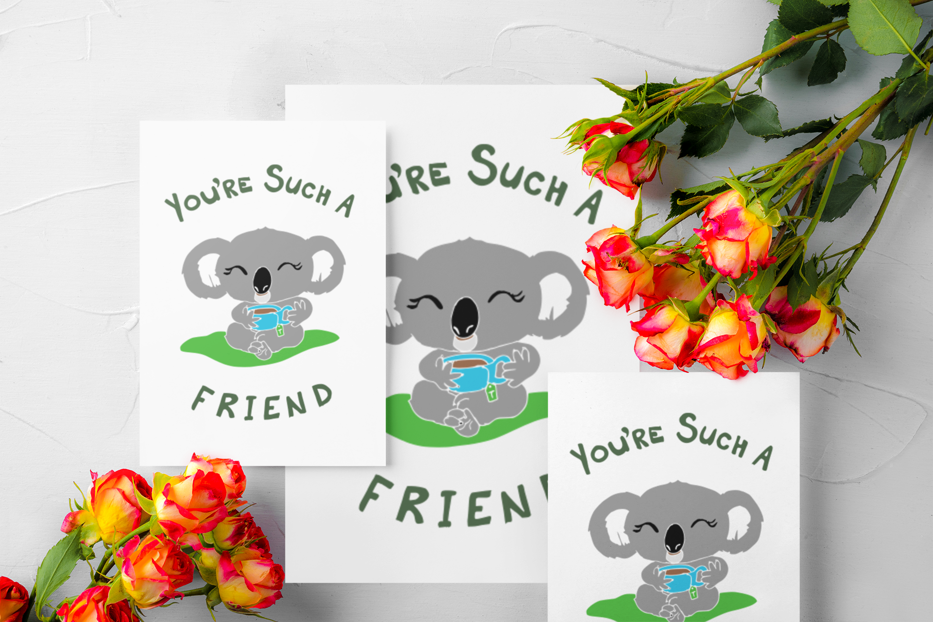 Printable greeting card shown in four sizes — A5, A6, Half Letter, and 5x7 — displayed on A4 and US Letter paper examples.
