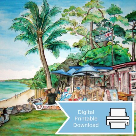 Watercolour painting of Enzo's beach shack café on Hervey Bay's Esplanade, 2014