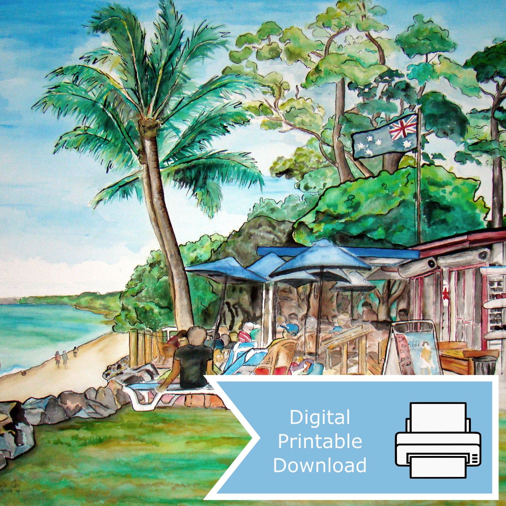 Watercolour painting of Enzo's beach shack café on Hervey Bay's Esplanade, 2014