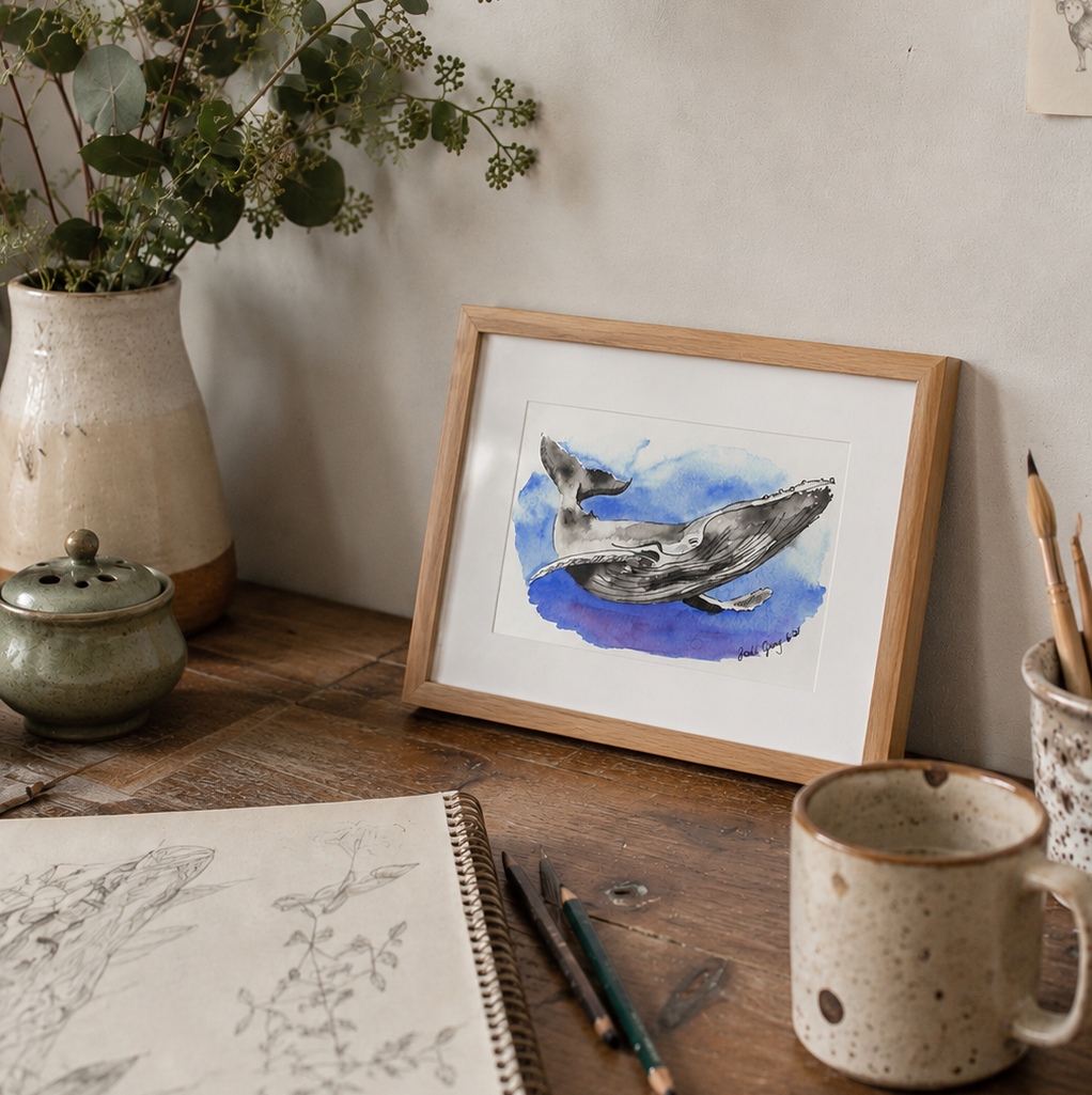 Happy Whale A5 desk mockup Framed Happy Whale print on an artist's desk with a sketchbook, eucalyptus, and paintbrushes