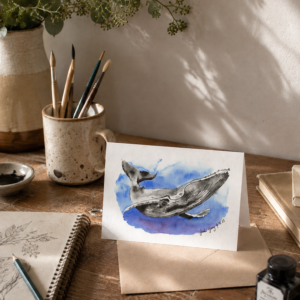 Happy Whale card mockup Happy Whale greeting card mockup propped on a kraft envelope on a studio desk with paintbrushes